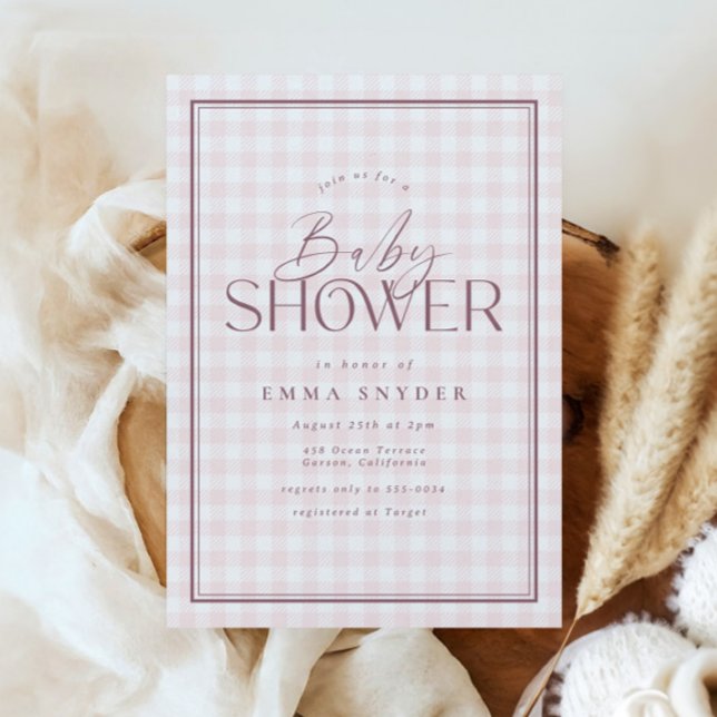 Invitación Elegante Chica Baby Shower de Gingham blanco y ros (Subido por el creador)