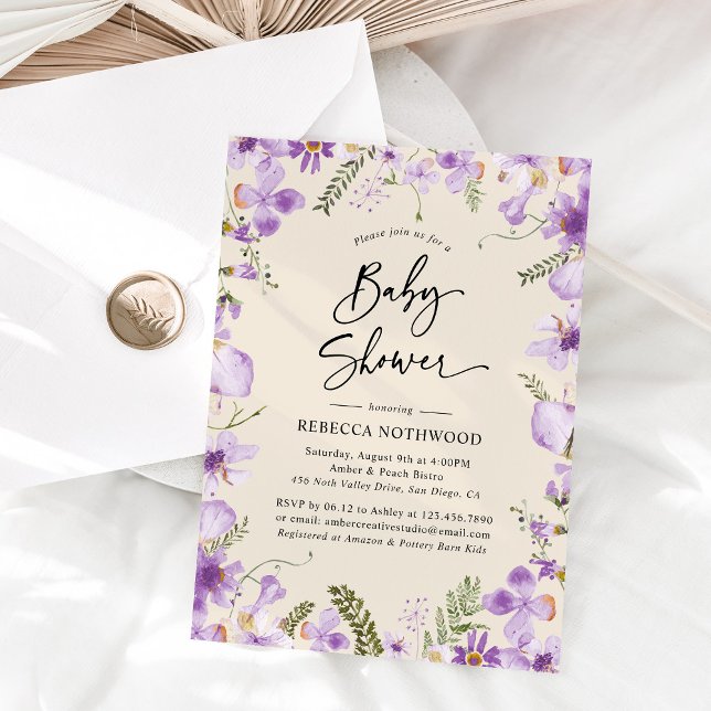 Invitación Elegante Chica Boho Purple Florals Baby Shower (Subido por el creador)
