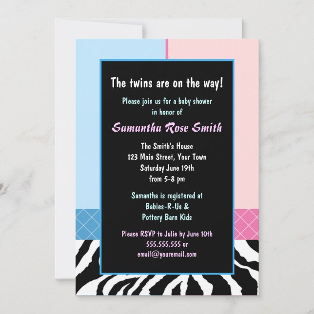 Invitación Elegante Chica/chico de cebra azul rosado Baby Sho (Anverso)