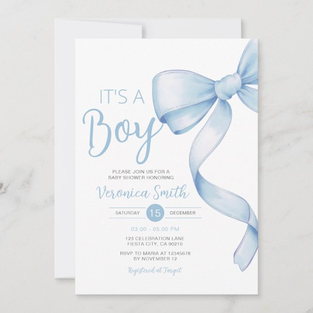 Invitación Elegante Chica con temática Blue Bow Coquette Baby (Anverso)