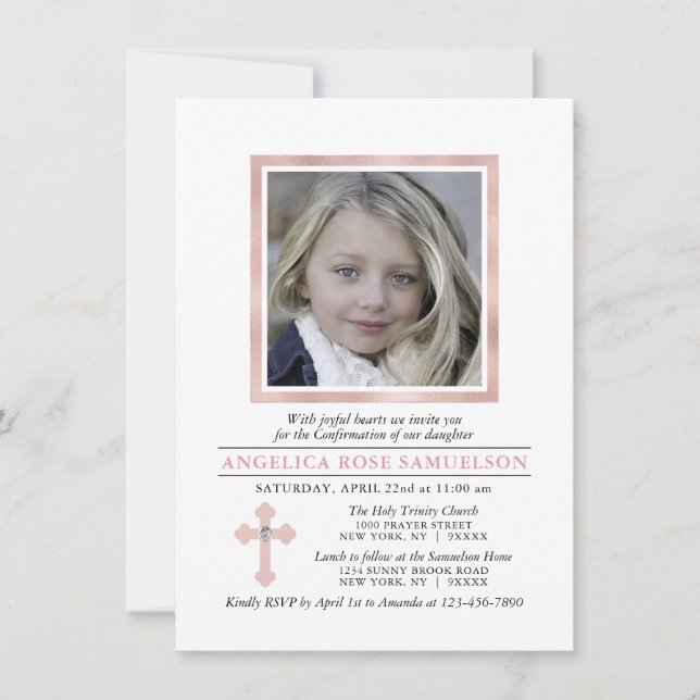 Invitación Elegante Chica cruzado rosa de confirmación | FOTO (Anverso)