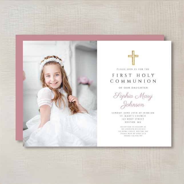 Invitación Elegante Chica cruzado rosa foto primera comunión (Pink Religious Cross Girl First Communion Photo Invitation)