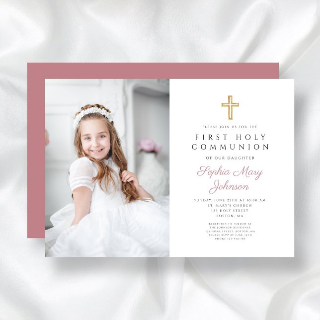 Invitación Elegante Chica cruzado rosa foto primera comunión (Pink Religious Cross Girl First Communion Photo Invitation)