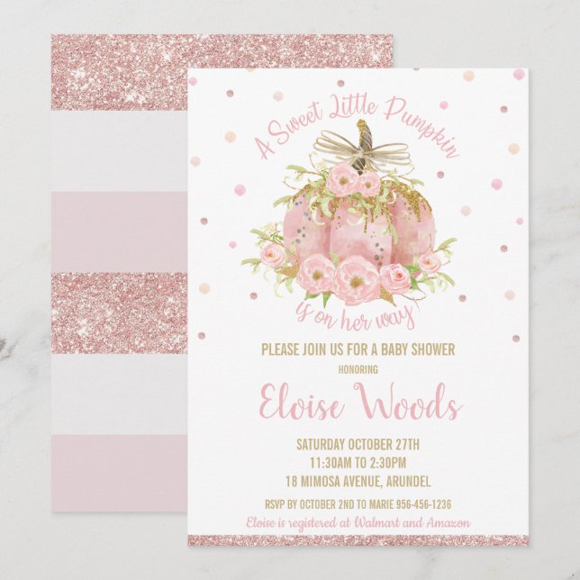 Invitación Elegante Chica de Baby Shower de calabaza rosa (Anverso / Reverso)