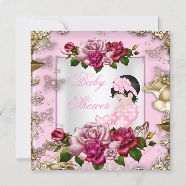 Invitación Elegante Chica de Baby Shower Rosa Blanca Oro (Anverso)