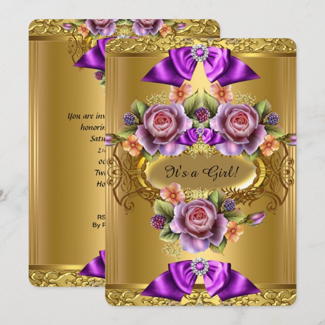 Invitación Elegante Chica de Baby Shower Rosas de oro morado  (Anverso / Reverso)