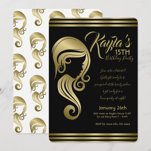 Invitación Elegante Chica de Belleza de Oro Hair y Fiesta de  (Anverso / Reverso)