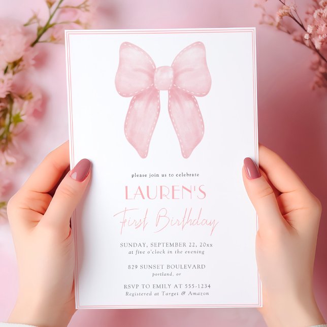 Invitación Elegante Chica de Bow Rosado Primer Cumpleaños (Subido por el creador)