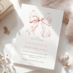 Invitación Elegante Chica de Bow Rosado Segundo Cumpleaños