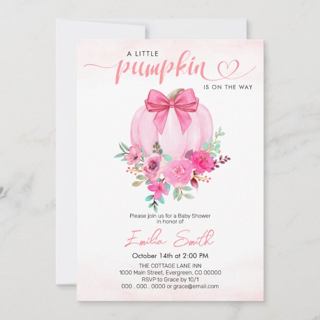 Invitación Elegante Chica de calabaza floral rosa Baby Shower (Anverso)