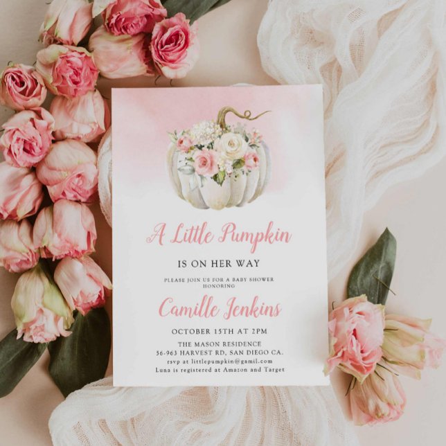 Invitación Elegante Chica de calabaza rosa pequeño Baby Showe (A little Pumpkin in on the way Pink baby shower invitation)