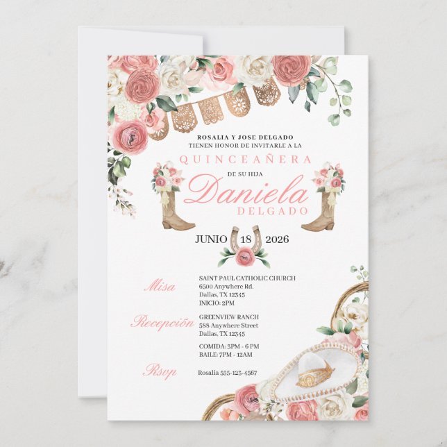 Invitación Elegante Chica de Carro Occidental Rosa Quinceañer (Anverso)