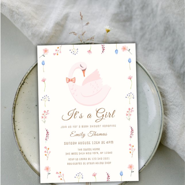 Invitación Elegante Chica de cisnes de flores silvestres Baby (Elegant Wildflower Princess Swan Girl Baby Shower Invitation)