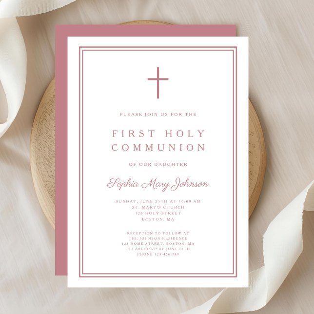 Invitación Elegante Chica de Cruz Rosa Primero Santa Comunión (Elegant Pink Cross Girl First Holy Communion Invitation)