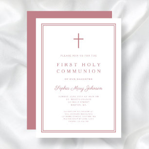 Invitación Elegante Chica de Cruz Rosa Primero Santa Comunión