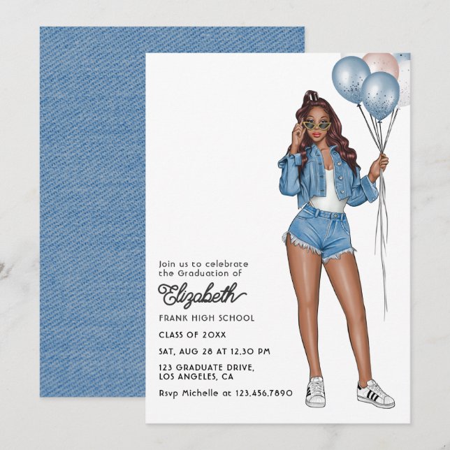 Invitación Elegante Chica de Denim con Partido de Graduación  (Anverso / Reverso)