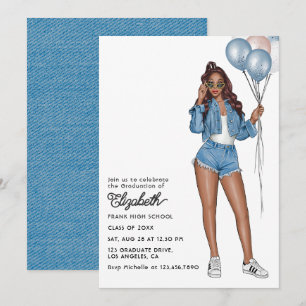 Invitación Elegante Chica de Denim con Partido de Graduación