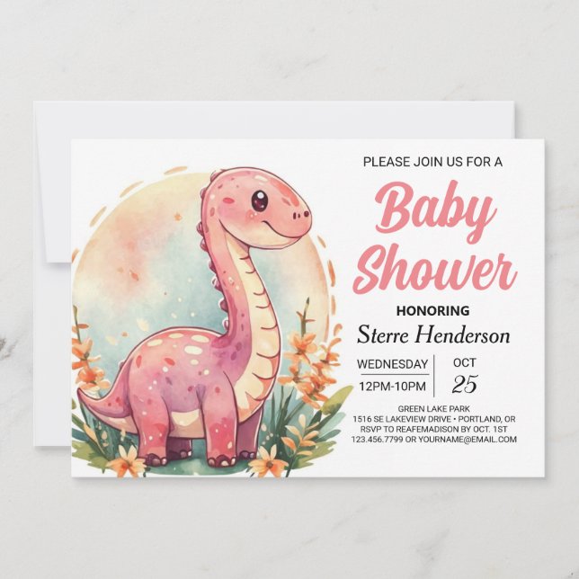 Invitación Elegante Chica de Dinosaurios Rosa Baby Shower (Anverso)