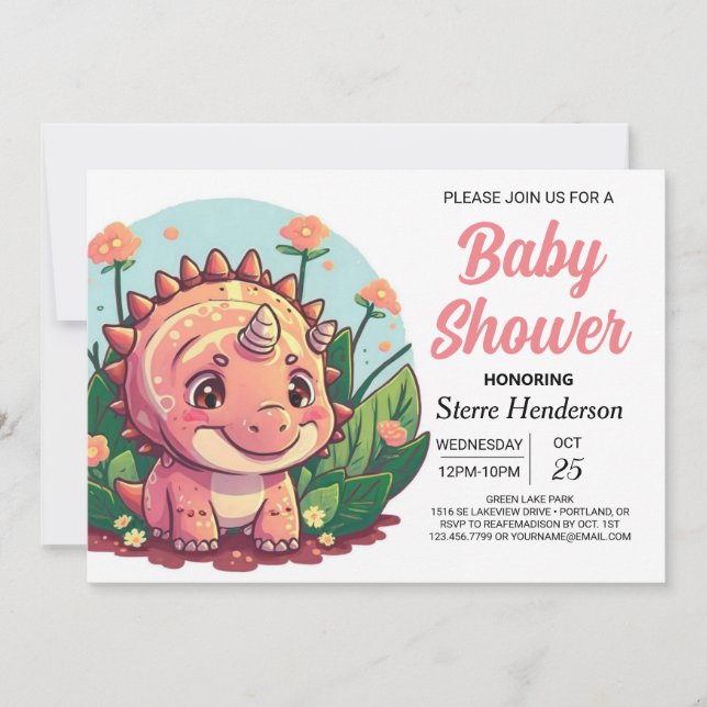 Invitación Elegante Chica de dinosaurios rosados Baby Shower (Anverso)