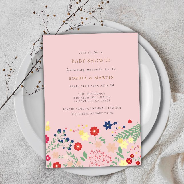 Invitación Elegante Chica de Flor Silvestre Rosa Baby Shower (Pink Colorful Elegant Wildflower Girl Baby Shower Invitation)