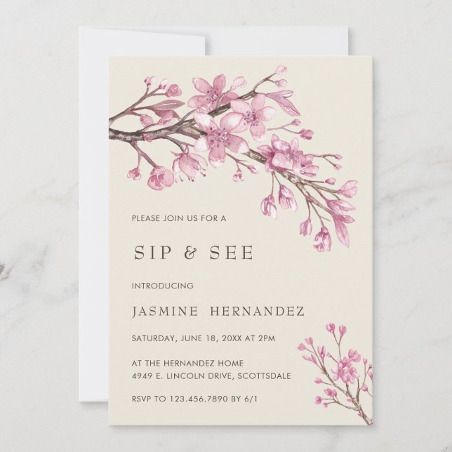 Invitación Elegante Chica de flores de cerezo rosa Sip y See (Anverso)