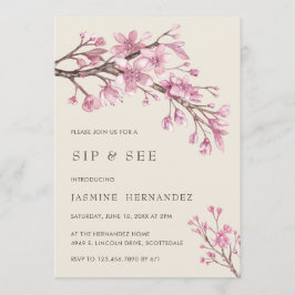 Invitación Elegante Chica de flores de cerezo rosa Sip y See