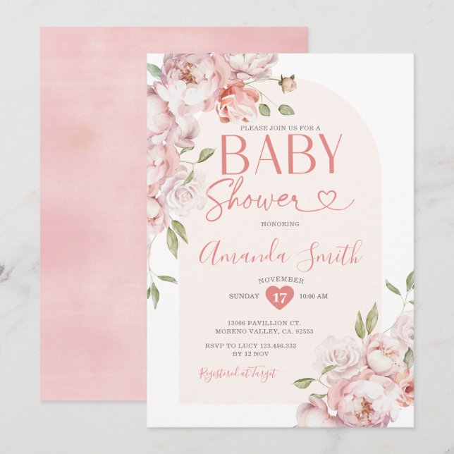 Invitación Elegante Chica de flores rosadas Baby Shower Green (Anverso / Reverso)