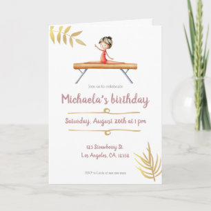 Invitación Elegante chica de gimnasia rosa y dorada en haz