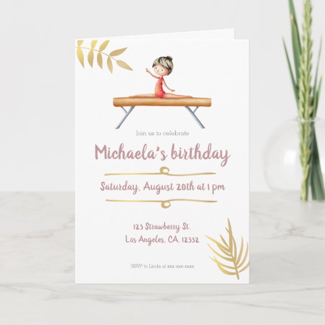 Invitación Elegante chica de gimnasia rosa y dorada en haz (Anverso)