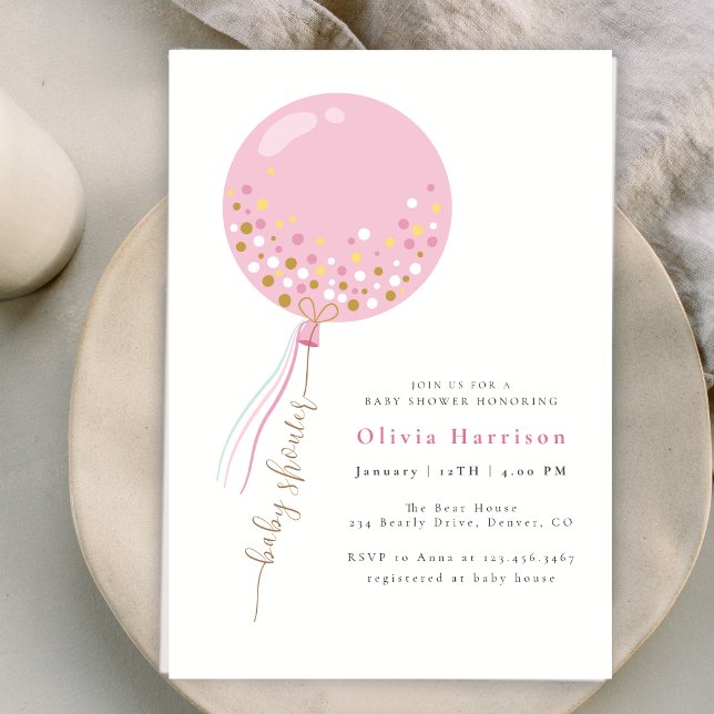 Invitación Elegante Chica de globo rosa Baby Shower (Elegant Pink Balloon Girl Baby Shower Invitation)
