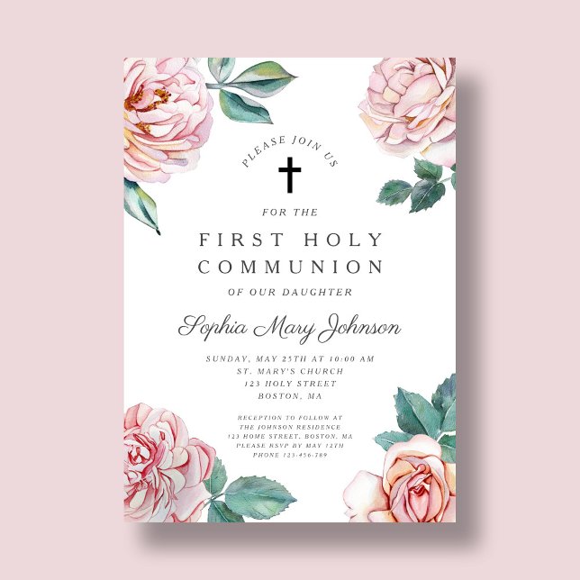 Invitación Elegante Chica de la Cruz Floral Primera Comunión (Elegant Floral Cross Girl First Communion Invitation)