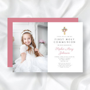 Invitación Elegante Chica de la Cruz Floral Primera Comunión