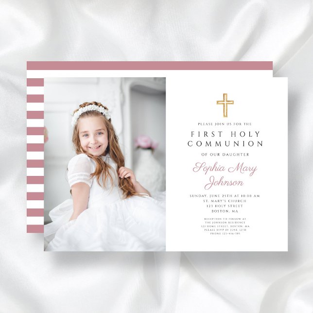 Invitación Elegante Chica de la Cruz Rosa Foto de la Primera  (Pink Cross Girl First Communion Photo Invitation)