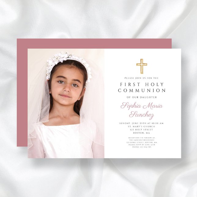 Invitación Elegante Chica de la Cruz Rosa Foto de la Primera  (Elegant Pink Cross Girl First Communion Photo Invitation)
