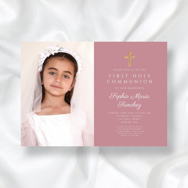 Invitación Elegante Chica de la Cruz Rosa Foto de la Primera  (Elegant Pink Cross Girl First Communion Photo Invitation)