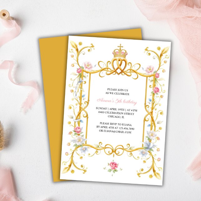 Invitación Elegante Chica de la Princesa Real Fiesta de Cumpl (Elegant Royal Princess Girl 5th Birthday Party Invitation)