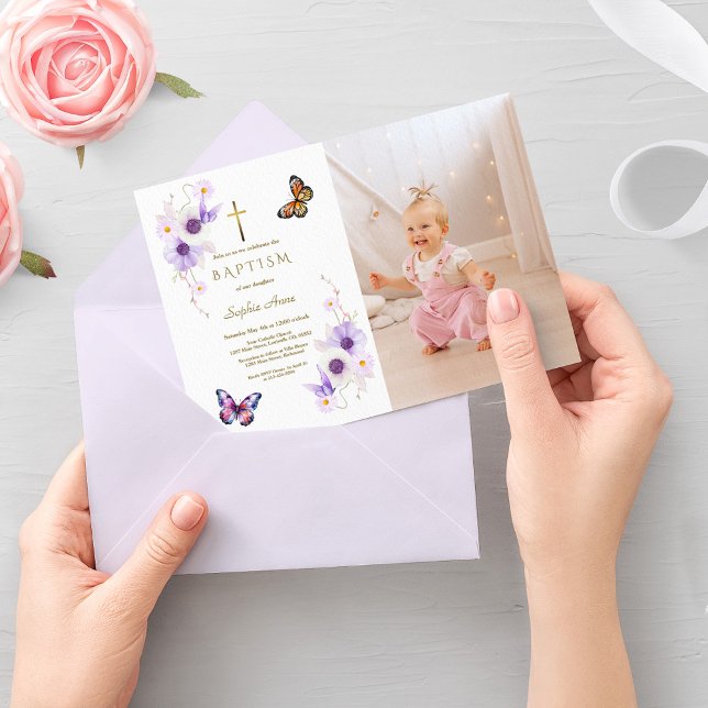 Invitación Elegante Chica de mariposa anémona bautismo fotogr (butterfly anemone photo baptism invitation, girl baptism butterflies invite, floral photo baptism)