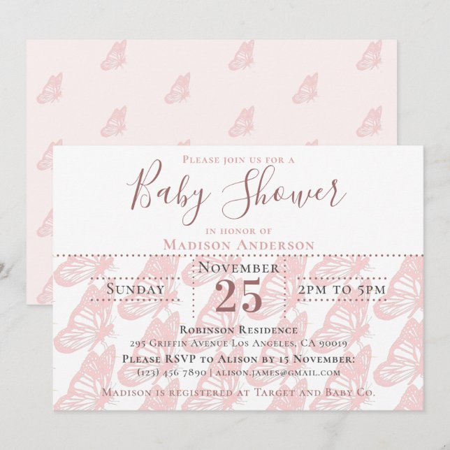 Invitación Elegante Chica de mariposa rosada Pastel Baby Show (Anverso / Reverso)