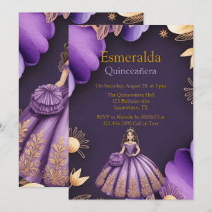 Invitación Elegante Chica de Quinceañera Púrpura