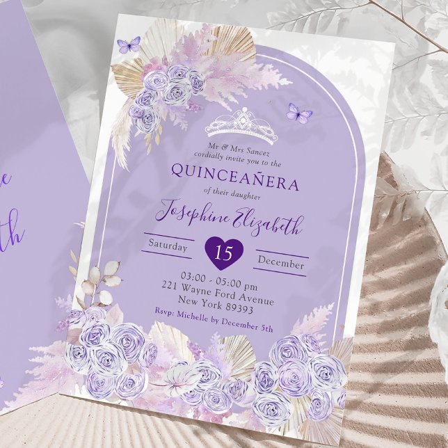 Invitación Elegante Chica de Rosas Boho Purple Quinceañera (Subido por el creador)
