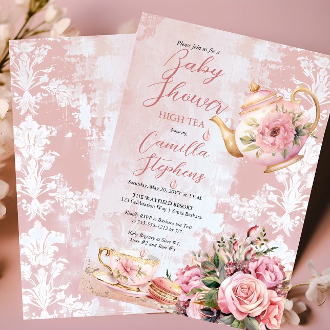 Invitación Elegante Chica de té con flores rosadas alta Baby  (Elegant Pink Roses Floral High Tea Teapot and Teacup Girl Baby Shower Invitation)