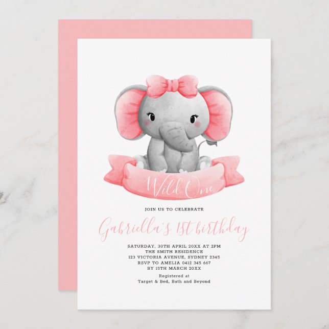Invitación Elegante Chica de un elefante salvaje primer cumpl (Anverso / Reverso)