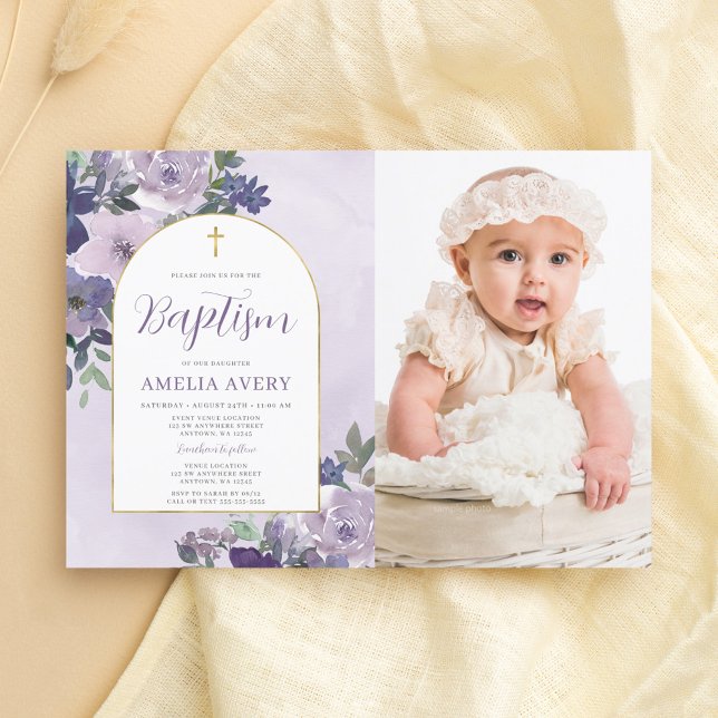 Invitación Elegante Chica del Arco de Oro Floral Púrpura Foto (Subido por el creador)