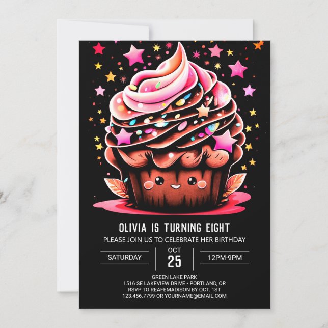 Invitación Elegante Chica del pastel digital cumpleaños (Anverso)