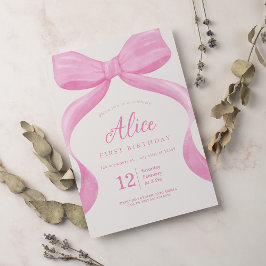 Invitación Elegante Chica del primer cumpleaños de Bow Rosado