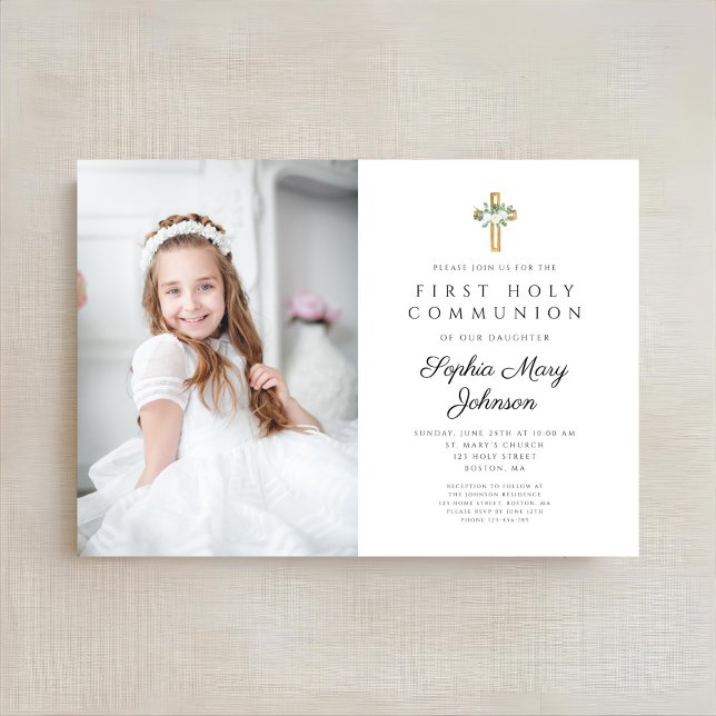 Invitación Elegante Chica floral blanco foto de primera comun (Elegant White Floral Girl First Communion Photo Invitation)