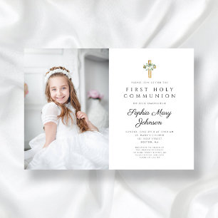 Invitación Elegante Chica floral blanco foto de primera comun