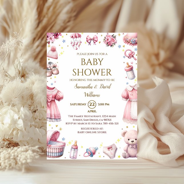 Invitación Elegante Chica floral de Baby Shower en rosa capri (Subido por el creador)