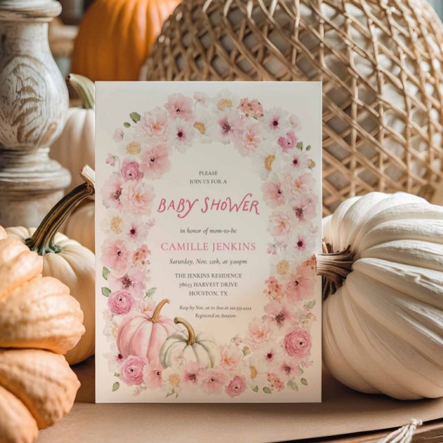 Invitación Elegante Chica Floral de calabaza rosa otoño Baby  (Pink Pumpkin Floral Fall Girl Baby Shower Invite)