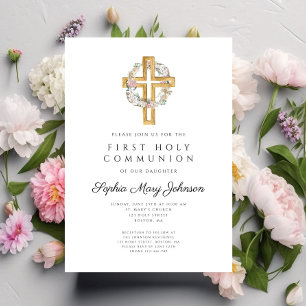 Invitación Elegante Chica Floral de cruz floral Primera comun